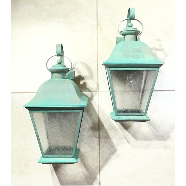 Green Pair of Vintage Solid Brass Wall Lanterns - Timeless Elegance for Your Home For Sale - Image 8 of 15