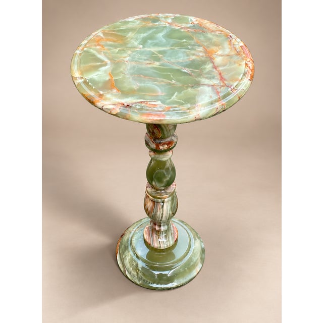 Gemstone Handcrafted Green Onyx Pedestal Table – Natural Stone Round Accent & Side Table For Sale - Image 7 of 10