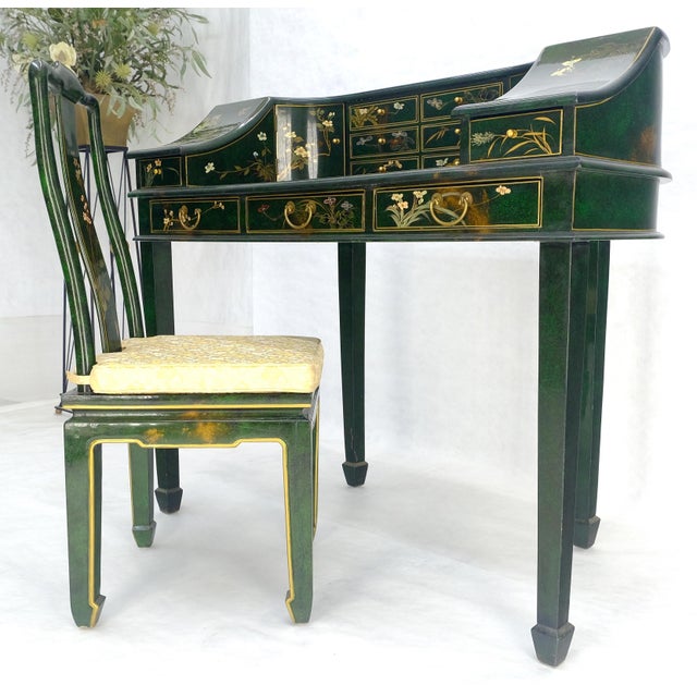 Emerald Green Lacquer Chinoiserie Desk Writing Table Console & Chair MINT For Sale - Image 11 of 18