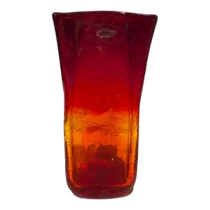 Blenko Tangerine Paper Bag Crackle Vase, Marked 2014