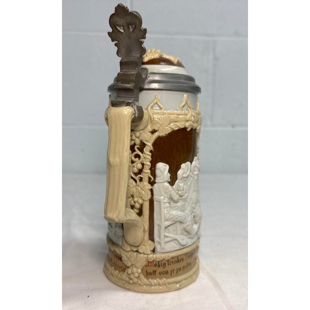 Metal Antique 1800's German Mettlach Villeroy Boch Pottery Pewter Lidded Beer Stein For Sale - Image 7 of 14