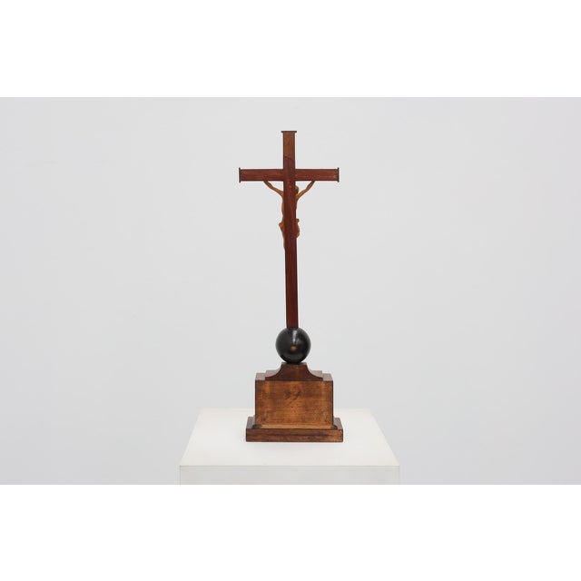 Brown Table Crucifix with Carved Wooden Corpus on Ball and Plinth, Belgium, 1900s For Sale - Image 8 of 12