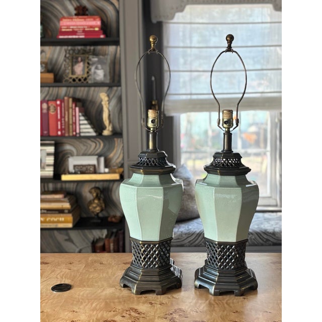 Celadon Vintage Morris Greenspan Hollywood Regency Ceramic Pierced Bronze Celadon Lamps - a Pair For Sale - Image 8 of 9