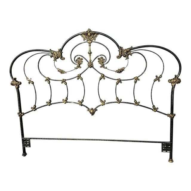 1980s Vintage Elliott’s Design Black Enameled Iron and Brass King Size Headboard For Sale