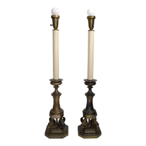 1950s Pair Vintage Neoclassical Stiffel Bronze Torchiere Table Lamps America