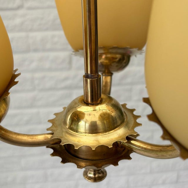 Gold Scandinavian 3-Arm Chandelier in Brass and Yellow Glass, Sweden, 1940s For Sale - Image 8 of 10