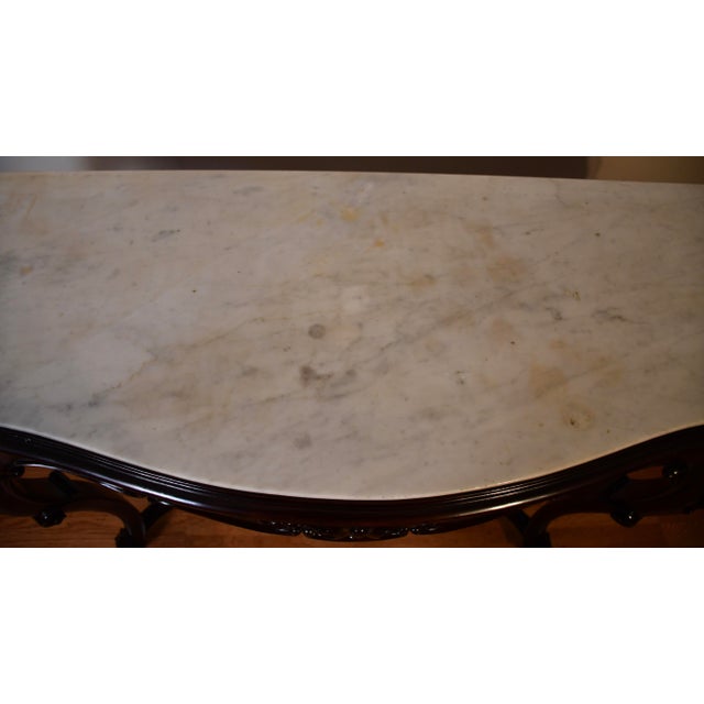 1880s Antique French Louis XV Hand Carved Walnut & Marble Top Console Sofa Table For Sale - Image 4 of 18