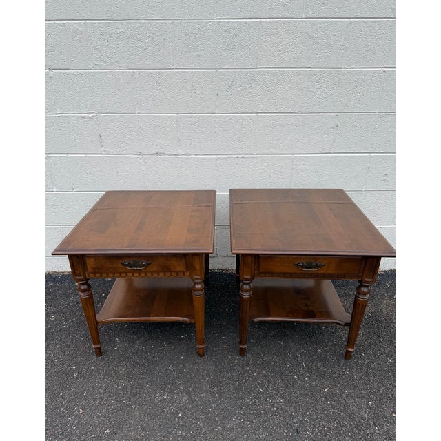 Traditional Vintage Ethan Allen Pair of Traditional Style Solid Wood 2 Tier Nightstands Bed Side Tables. For Sale - Image 3 of 12