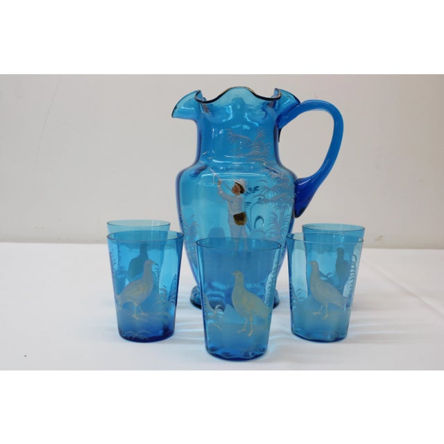 Victorian Victorian Blue Glass Pitcher W/ 5 Tumblers For Sale - Image 3 of 10
