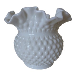 Vintage White Hobnail Milk Glass Ruffled Edge Decorative Bowl For Sale