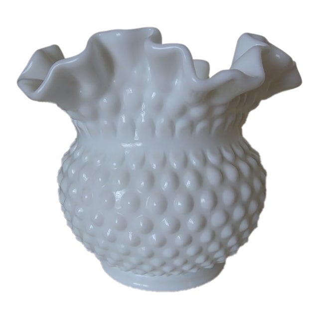 Vintage White Hobnail Milk Glass Ruffled Edge Decorative Bowl For Sale
