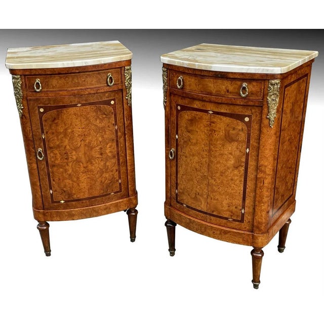 Stunning Identical Pair of French bow front Burr Walnut well veined marble topped Bedside Lockers Nightstands of...
