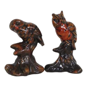 Brown and Orange Owl Bird Ceramic Figurines a Pair