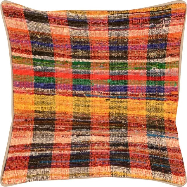 1960s Turkish Rag Pillow. Sewn with fragments of vintage hand made Anatolian cotton & linen kilims. Fiber fill. 523133