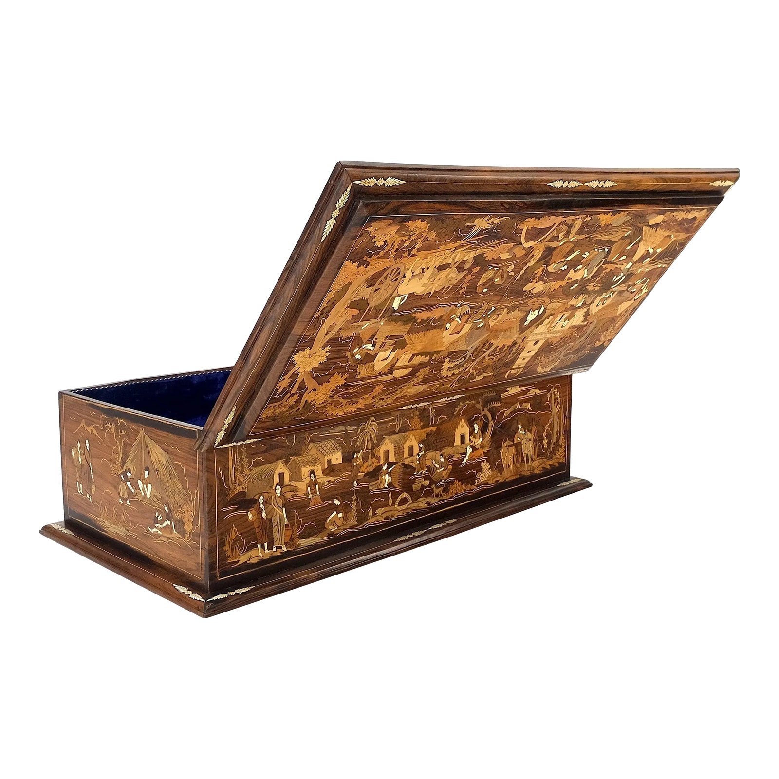 Large Box Trunk Bone Inlayed Rosewood Storage Village Scenery Very Fine ...