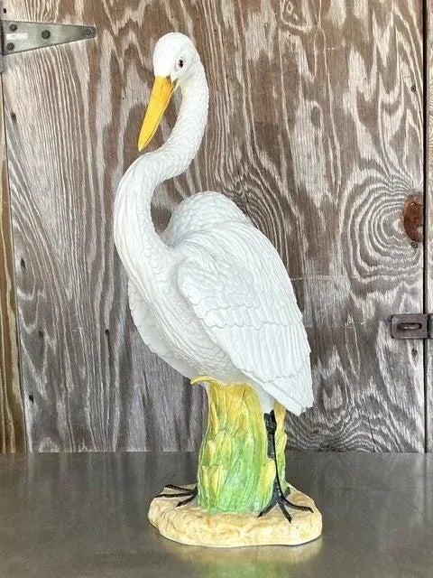 Vintage Coastal Monumental Glazed Ceramic Snowy Egret Sculpture — additional photo 5