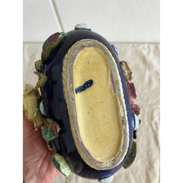Antique French Barbotine Majolica Basket Vase Applied Rose Vase For Sale - Image 9 of 12