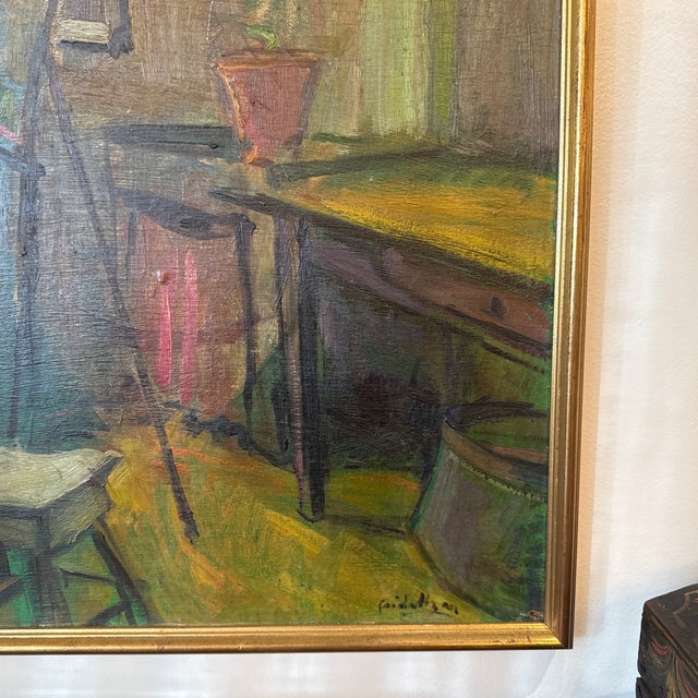 Original signed French oil painting. Loose, painterly brushwork with muted greens, ochres, and earth tones. It has...