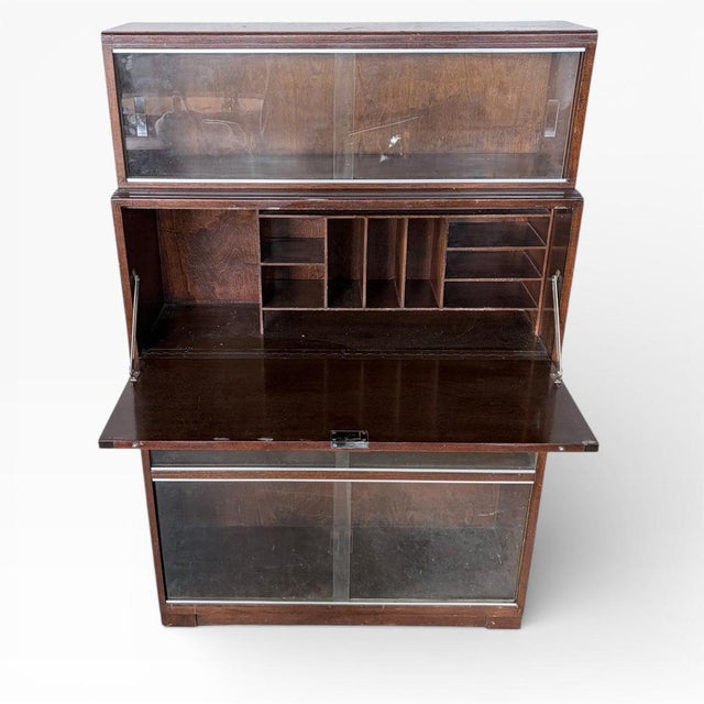Mid-Century Stacking Bookcase with Drop Front Bureau and Glass Sliding Doors For Sale - Image 6 of 7