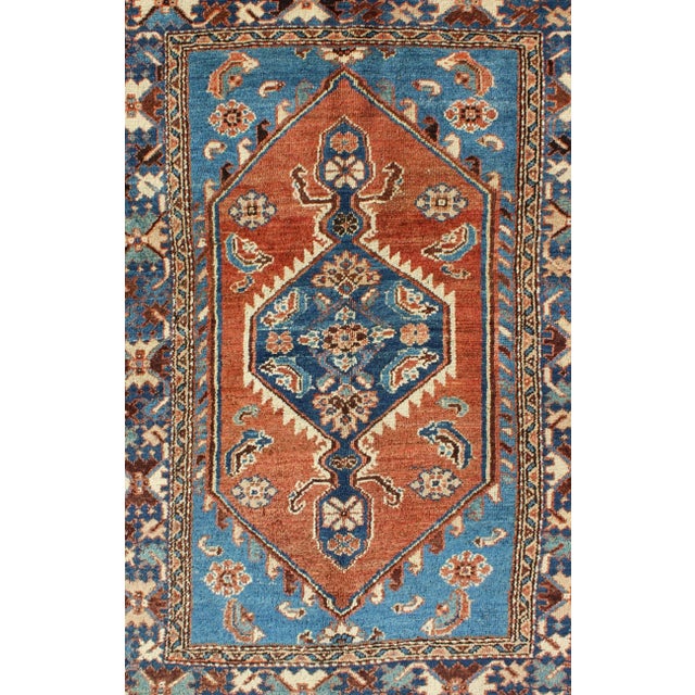 Antique Persian Karadjeh Rug With Tribal Medallion in Rust Red and Bright Blue 3'10"x5'7" For Sale - Image 4 of 7