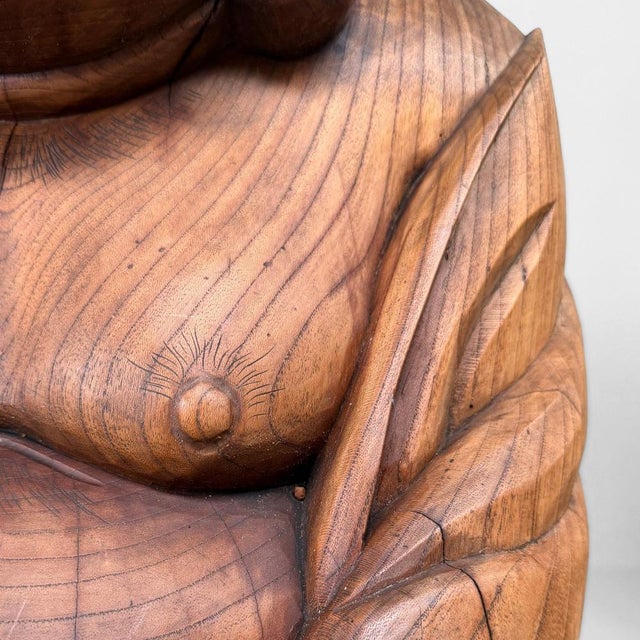 Brown Japanese Wooden Temple Statue of Hotei with Child, 1920s For Sale - Image 8 of 14
