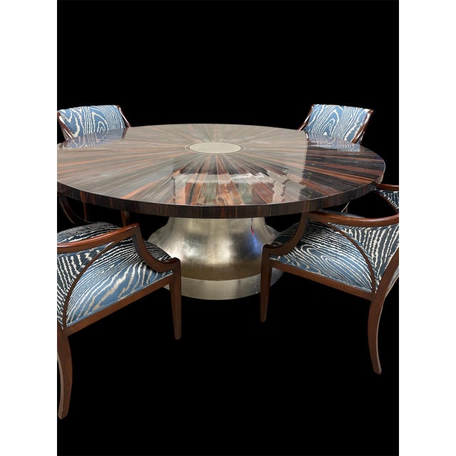 Macassar Ebony Wood Table With Sunburst Veneer & 8 Silk Upholstered Chairs For Sale - Image 4 of 4