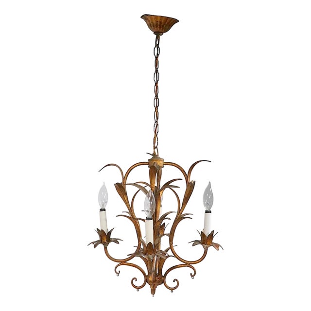 Italian Gilt Metal Foliate Chandelier C. 1940/60's For Sale