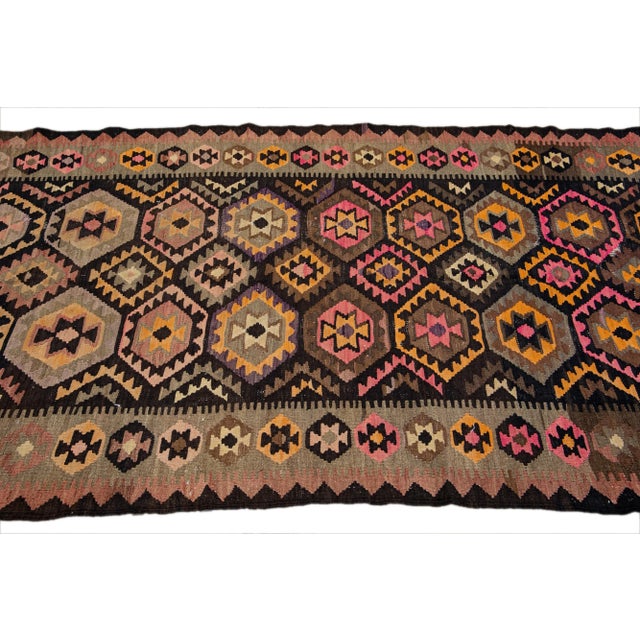 1960s Vintage Kilim Brown Handmade Flatweave Geometric Motif Wool Runner For Sale - Image 5 of 11