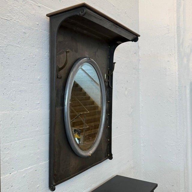 1920s Custom Industrial Brushed Steel Entryway Hall Tree Wall Mirror For Sale In New York - Image 6 of 12