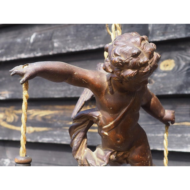 Antique French Cherub Pendant Light in Flying Putti and Glass Flower Shades, 1920s For Sale - Image 12 of 18