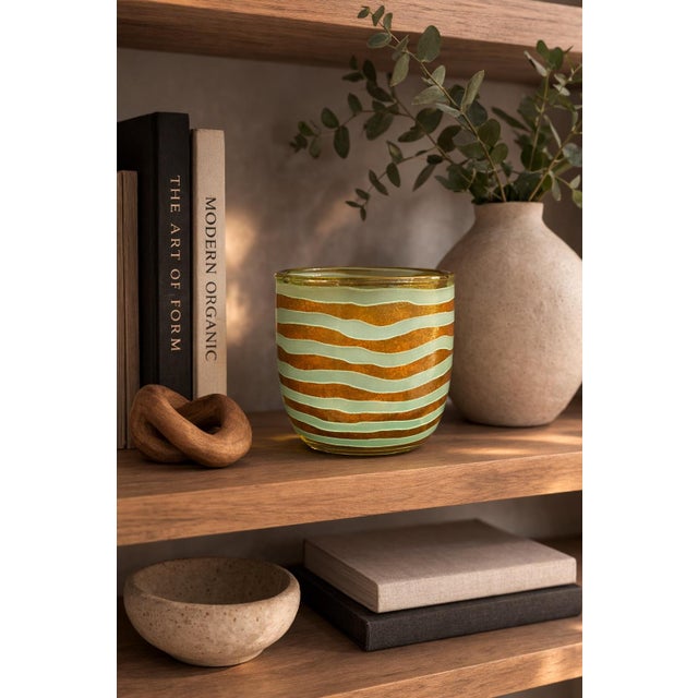 Glass Vintage Hand-Blown Art Glass Vase With Seafoam Green Satin Stripes and Amber Ground – Modern Studio Glass Vessel For Sale - Image 7 of 8