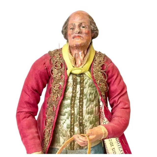 18th Century Neapolitan Crèche Figure of an Elderly Man carrying a basket, dressed in traditional Italian garments. Creche...