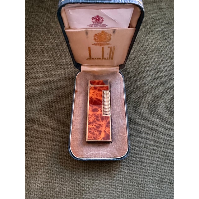 Burnt Orange Rare Vintage Dunhill Gold Plated Cognac Marble Lacquer Lighter Original Sky Case For Sale - Image 8 of 15