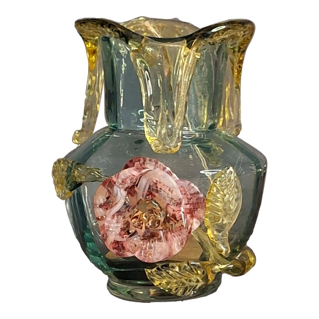 Rare Stevens & Williams Manganese Uranium Glass Bud Vase Applied Rose and Rigaree Feet C 1880 For Sale