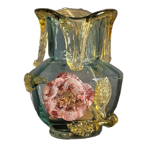 Rare Stevens & Williams Manganese Uranium Glass Bud Vase Applied Rose and Rigaree Feet C 1880