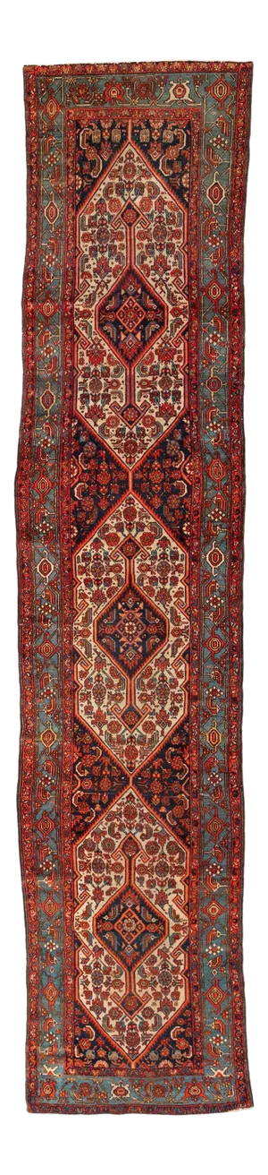 1930s Blue Ivory Red Geometric Bibi Runner Rug