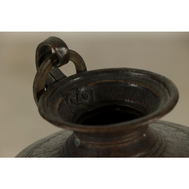 Vintage Indian Hand-Tooled Metal Milk Jug with Ring Handle, Mid-20th Century For Sale - Image 10 of 13