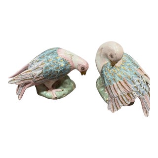 Vintage Chinese Export Porcelain Parrot Figurine Hand-Painted Pink, Blue & Gold Birds Chinoiserie For Sale
