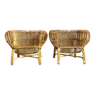 Vintage Boho Bent Rattan Lounge Chairs After Albini - A Pair For Sale