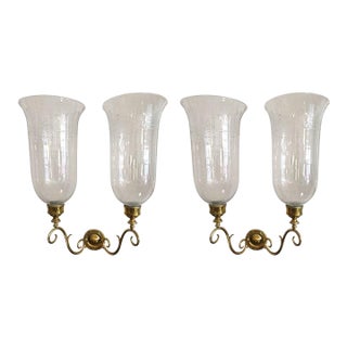 1920s George III Style Pair of Crafted Brass Wall Sconces With Glass Hurricanes - a Pair For Sale