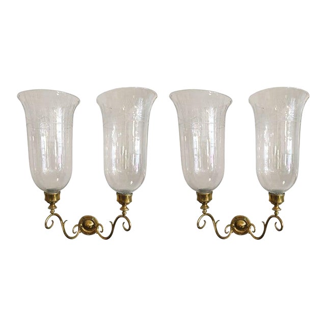 1920s George III Style Pair of Crafted Brass Wall Sconces With Glass Hurricanes - a Pair For Sale