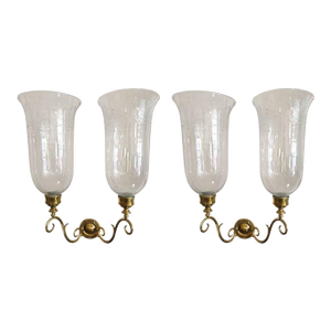 1920s George III Style Pair of Crafted Brass Wall Sconces With Glass Hurricanes - a Pair