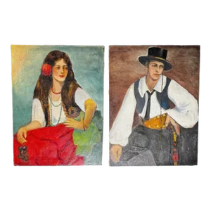 Pair of 1931 Oil Painting Portraits of Italian Man & Woman