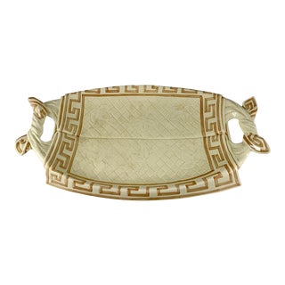 Sarreguemines French Majolica Trompe L’Oeil Greek Key Border Napkin Bread Tray For Sale