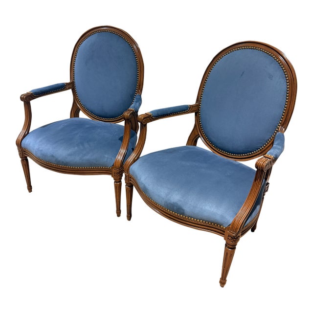 Pair of Ultra Suede Blue Louis Style Armchairs For Sale