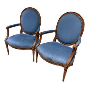 Pair of Ultra Suede Blue Louis Style Armchairs