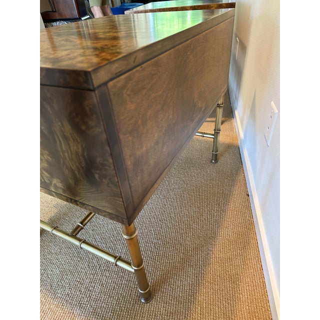 Wood Vintage Burlwood and Brass Night Tables by Mastercraft - A Pair For Sale - Image 7 of 11