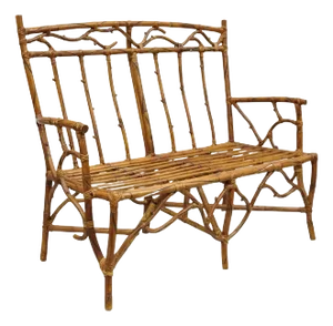 Late 20th Century Vintage Rustic Bamboo Rattan Tree Branch Form Adirondack Bench Settee