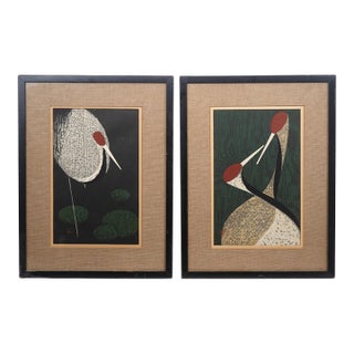 1950s Original Kawano Kaoru Japanese Crane Woodblocks- A Set of Two For Sale