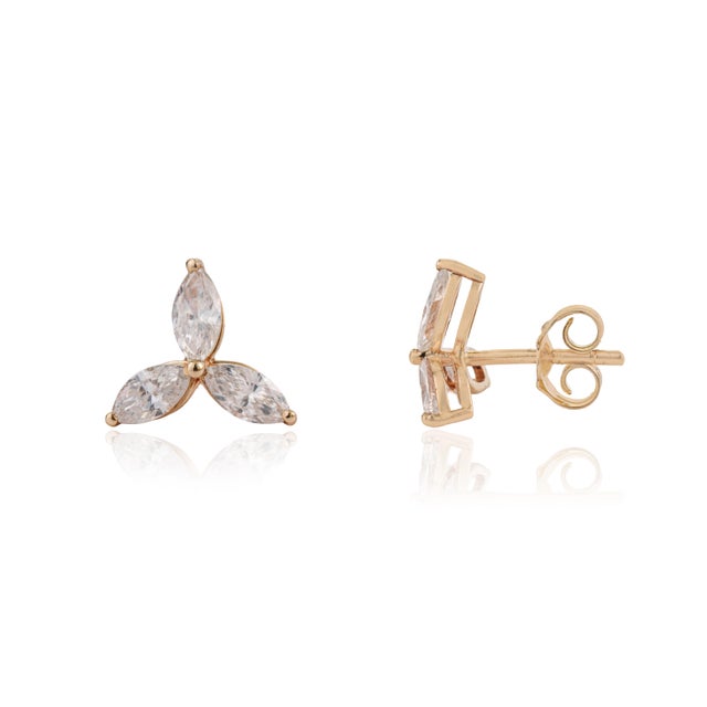 VR Jewels 14k Yellow Gold 1ct Marquise Diamond Trio Flower Modern Stud Earrings- A Pair For Sale - Image 4 of 15